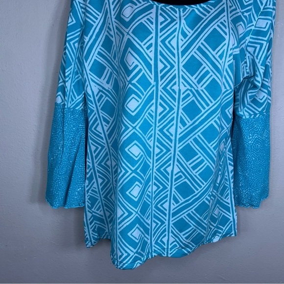 XL SANTIKI TEAL BLUE WHITE BELL SLEEVE BLOUSE TOP STRETCH PULLOVER - Picture 5 of 11